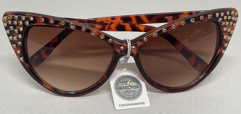 Made with Swarovski Crystals Cat Eye Sunglasses Tortoise Brown Bling Womens Case